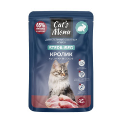 Cat`s Menu влажный корм для взрослых стерилизованных кошек, кусочки в соусе с кроликом, в паучах - 85 г х 30 шт