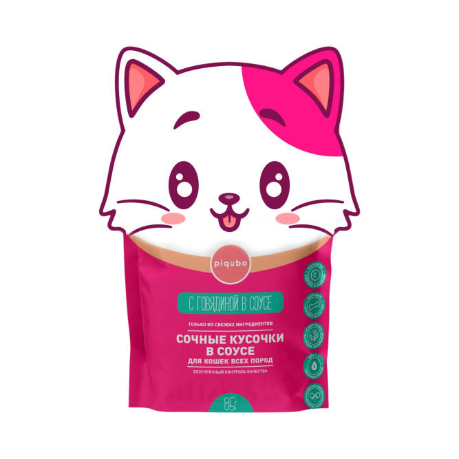 Piqubo влажный корм для взрослых кошек с говядиной в соусе, в паучах - 85 г х 12 шт
