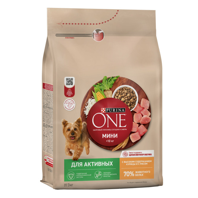Purina One Мини сухой корм для активных взрослых собак мелких пород, с высоким содержанием курицы и рисом - 3 кг