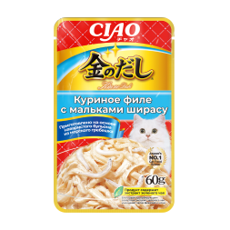 Inaba Ciao Kinnodashi влажный дополнительный корм для взрослых кошек, куриное филе с мальками ширасу в желе, в паучах - 60 г х 24 шт