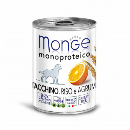 Monge Dog Monoprotein Fruits влажный корм для взрослых собак с индейкой, рисом и цитрусовыми в консервах 400 г (24 шт в уп)