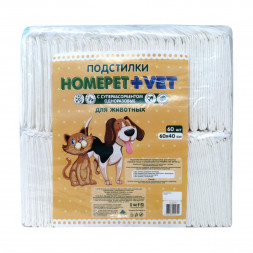 HOMEPET +VET Пеленки с суперабсорбентом для собак и кошек одноразовые, белые, 60 шт, 60х40 см