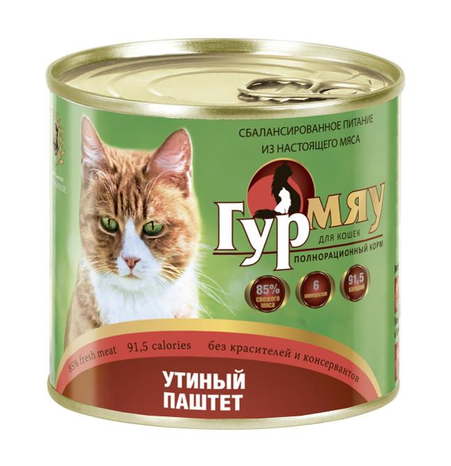 Гурмяу влажный корм для взрослых кошек утиный паштет, в консервах - 240 г х 24 шт