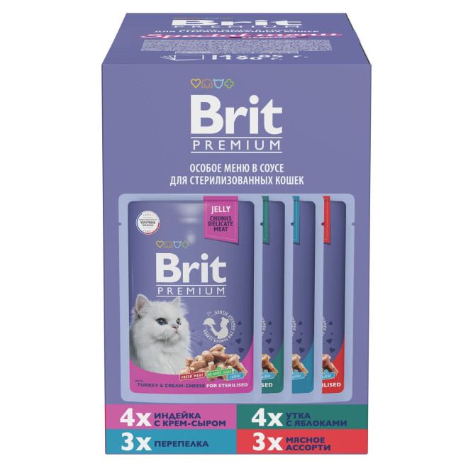 Брит Премиум Особые меню влажный корм для взрослых стерилизованных кошек в паучах, Особое меню в желе - 85 г х 14 шт