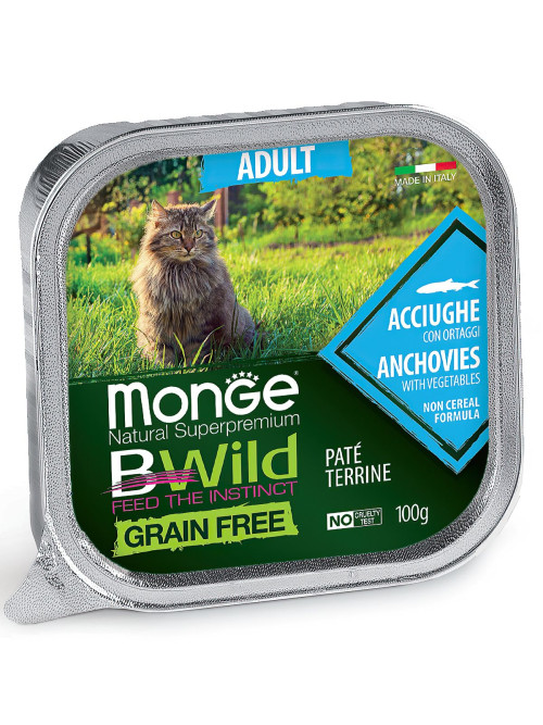 Monge Cat BWild Grain Free влажный беззерновой корм для взрослых кошек с анчоусами и овощами в ламистерах 100 г (32 шт в уп)