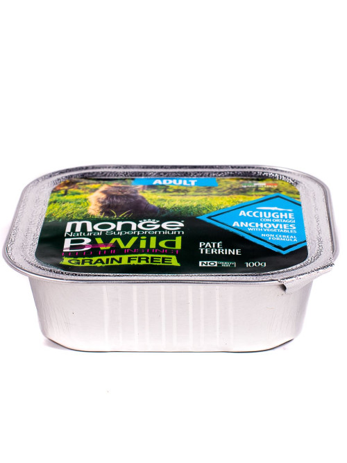 Monge Cat BWild Grain Free влажный беззерновой корм для взрослых кошек с анчоусами и овощами в ламистерах 100 г (32 шт в уп)