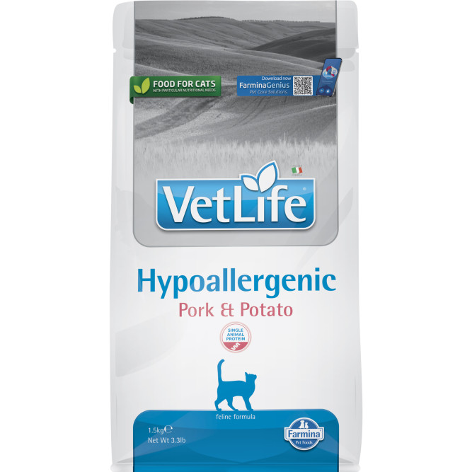 Farmina Vet Life Cat Hypoallergenic Pork &amp; Potato сухой диетический корм для взрослых кошек при пищевой аллергии, со свининой и картофелем - 1,5 кг
