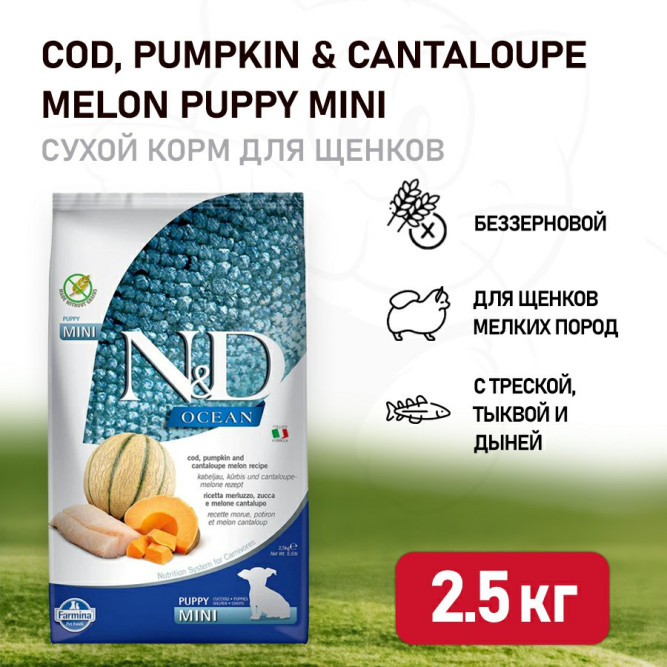 Farmina N&amp;D Ocean Dog Codfish, Pumpkin &amp; Cantaloupe Melon Puppy Mini сухой беззерновой корм для щенков мелких пород с треской, тыквой и дыней - 2,5 кг