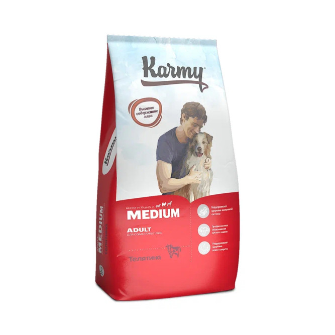 Karmy Medium Adult полнорационный сухой корм для взрослых собак средних пород, с телятиной - 14 кг