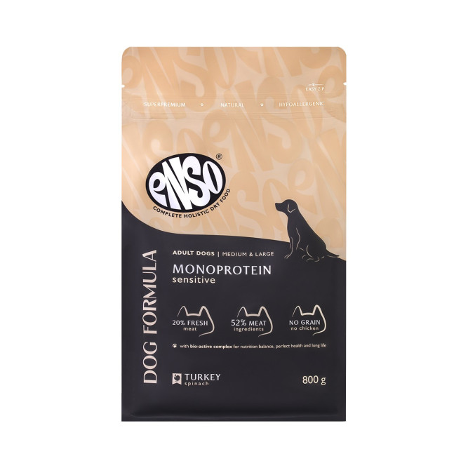 ENSO Dog Formula Monoprotein сухой корм для взрослых собак средних и крупных пород со свежей индейкой и добавлением шпината - 800 г