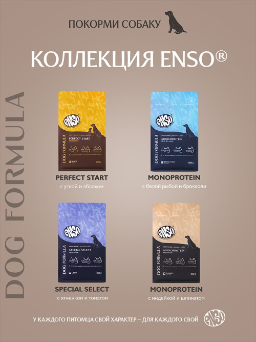 ENSO Dog Formula Monoprotein сухой корм для взрослых собак средних и крупных пород со свежей индейкой и добавлением шпината - 800 г