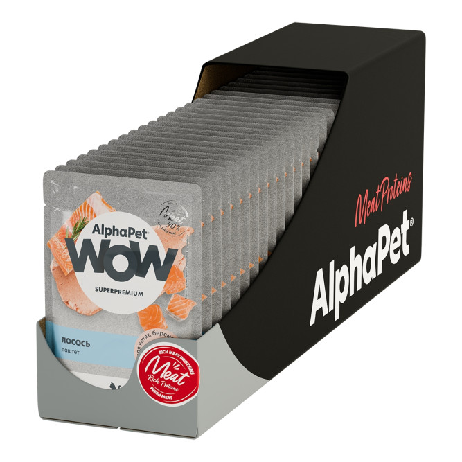 AlphaPet WOW Superpremium влажный корм для котят, беременных и кормящих кошек, паштет с лососем, в паучах - 85 г х 28 шт