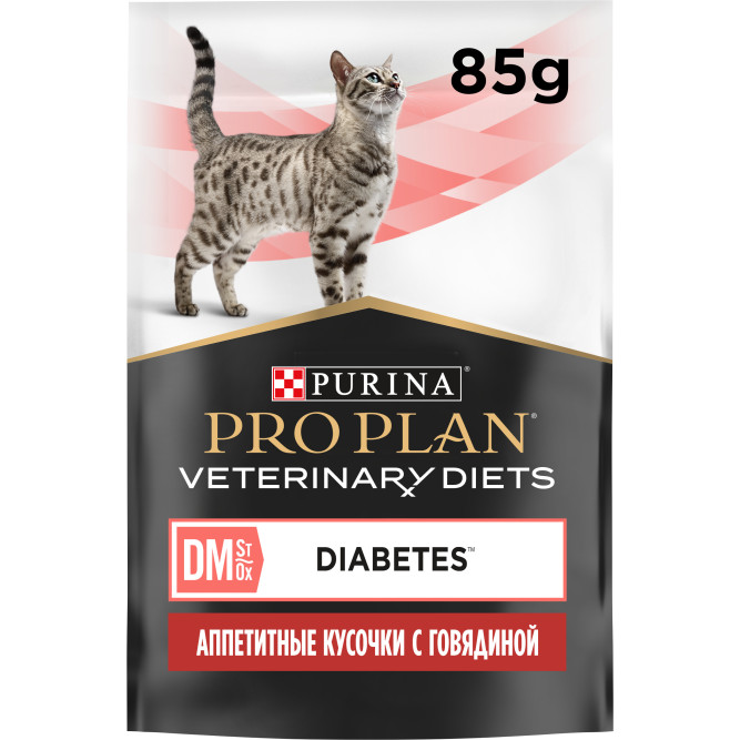 Purina Pro Plan Veterinary Diets DM St/Ox Diabetes Management влажный корм для взрослых кошек при диабете с говядиной в соусе, в паучах - 85 г х 10 шт