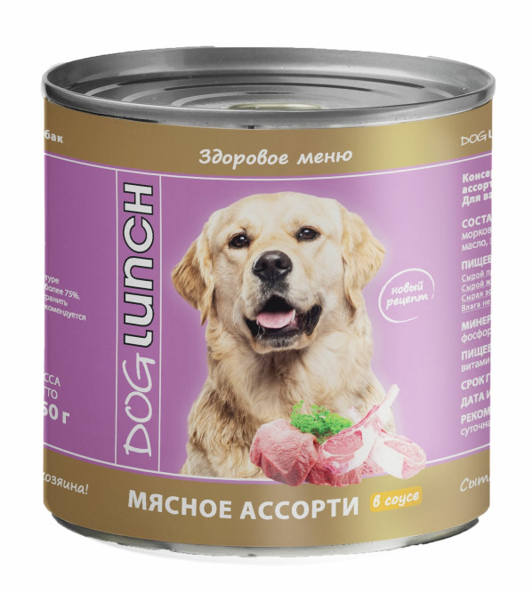 Dog Lunch влажный корм для взрослых собак Мясное ассорти в соусе, в консервах - 750 г х 9 шт