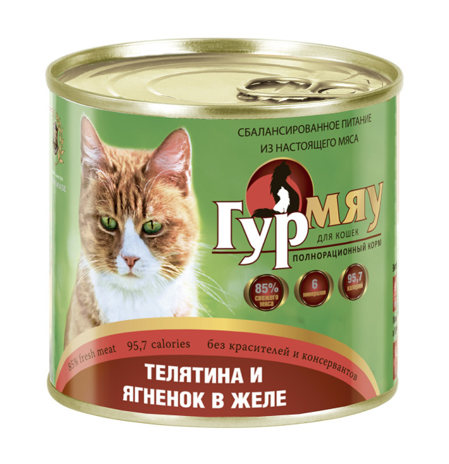 Гурмяу влажный корм для взрослых кошек с телятиной и ягненком в желе, в консервах - 240 г х 24 шт