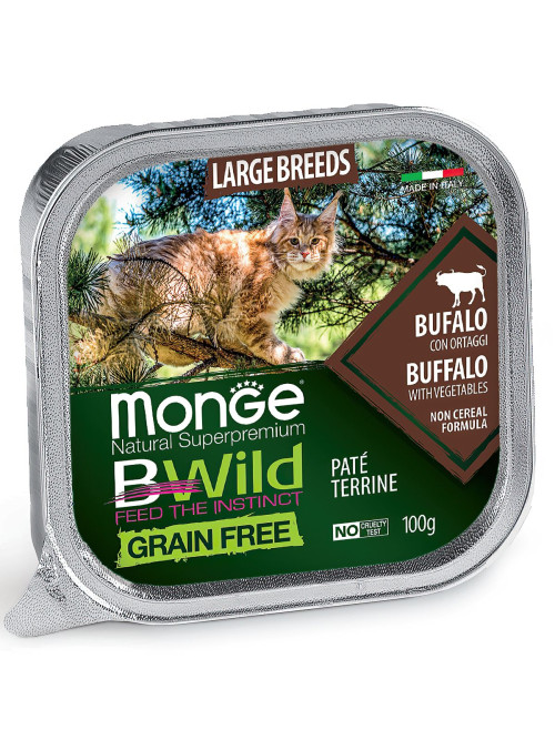 Monge Cat BWild Grain Free влажный беззерновой корм для взрослых кошек с мясом буйвола и овощами в ламистерах 100 г (32 шт в уп)