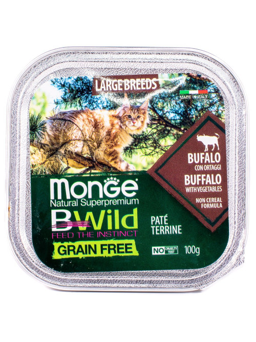 Monge Cat BWild Grain Free влажный беззерновой корм для взрослых кошек с мясом буйвола и овощами в ламистерах 100 г (32 шт в уп)
