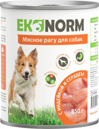 EKONORM влажный корм для взрослых собак, мясное рагу с индейкой и сердцем, в консервах - 850 г х 6 шт