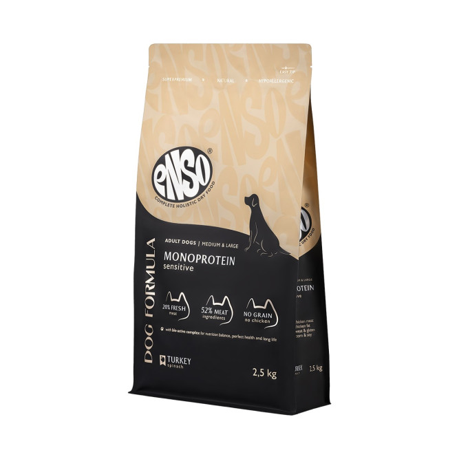 ENSO Dog Formula Monoprotein сухой корм для взрослых собак средних и крупных пород со свежей индейкой и добавлением шпината - 2,5 кг