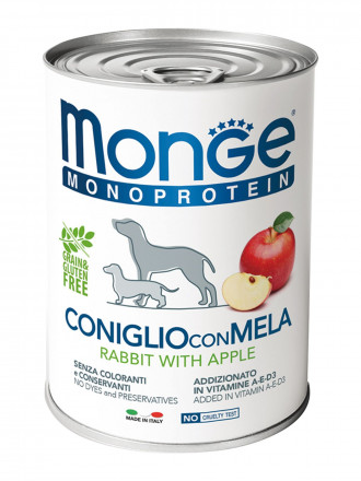 Monge Dog Monoprotein Fruits влажный корм для взрослых собак с кроликом, рисом и яблоками в консервах 400 г (24 шт в уп)