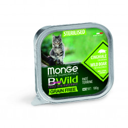 Monge Cat BWild Grain Free влажный беззерновой корм для стерилизованных кошек с мясом кабана и овощами в ламистерах 100 г (32 шт в уп)