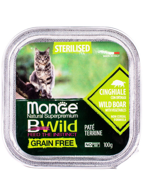 Monge Cat BWild Grain Free влажный беззерновой корм для стерилизованных кошек с мясом кабана и овощами в ламистерах 100 г (32 шт в уп)