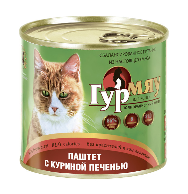 Гурмяу влажный корм для взрослых кошек паштет с куриной печенью, в консервах - 240 г х 24 шт
