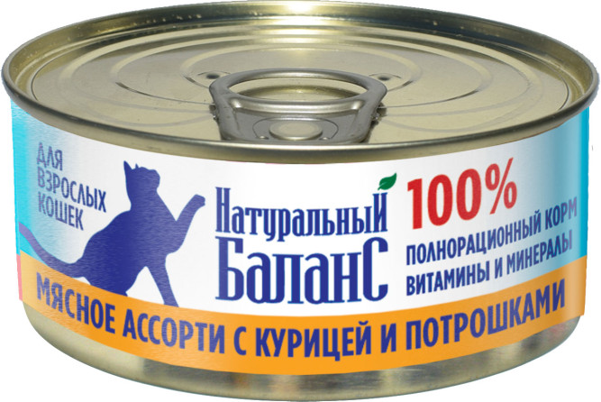 Натуральный Баланс влажный корм для кошек, мясное ассорти с курицей и потрошками, в консервах - 100 г х 24 шт