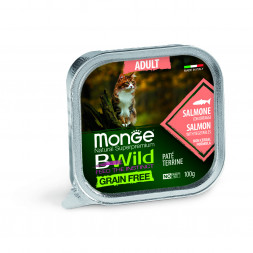 Monge Cat BWild Grain Free влажный беззерновой корм для взрослых кошек с лососем и овощами в ламистерах 100 г (32 шт в уп)