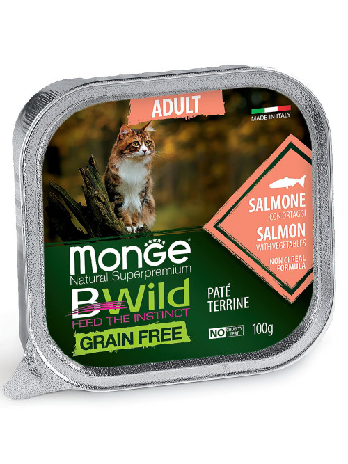 Monge Cat BWild Grain Free влажный беззерновой корм для взрослых кошек с лососем и овощами в ламистерах 100 г (32 шт в уп)