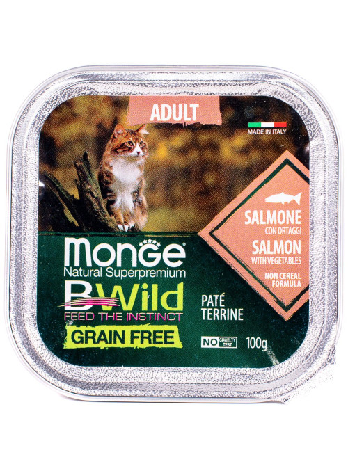 Monge Cat BWild Grain Free влажный беззерновой корм для взрослых кошек с лососем и овощами в ламистерах 100 г (32 шт в уп)