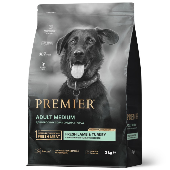 Premier Dog Lamb &amp; Turkey Adult Medium сухой корм для собак средних пород, свежее мясо ягненка с индейкой - 3 кг