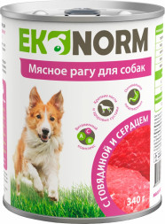 EKONORM влажный корм для взрослых собак, мясное рагу с говядиной и сердцем, в консервах - 340 г х 12 шт