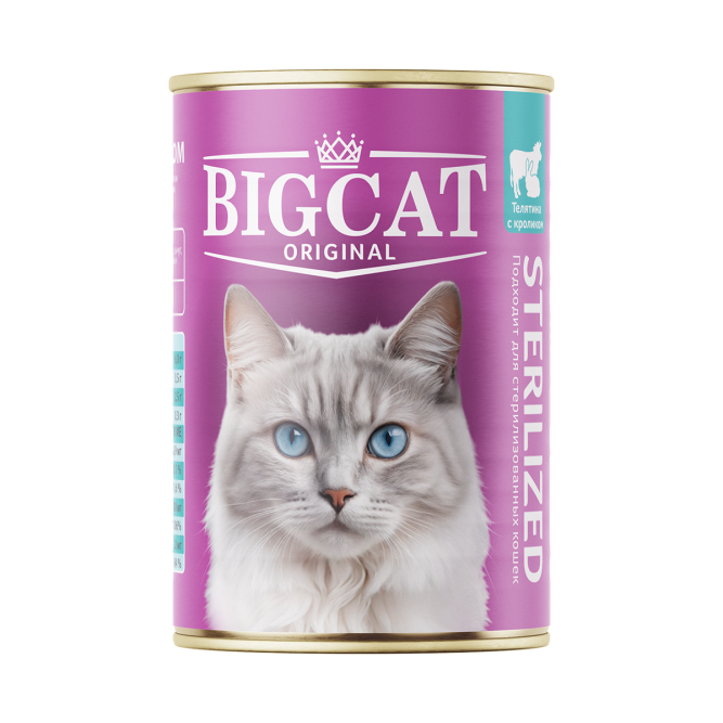Зоогурман Big Cat Sterilized влажный корм для взрослых стерилизованных кошек с телятиной и кроликом, кусочки в желе, в консервах - 350 г х 6 шт