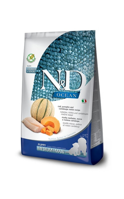 Farmina N&amp;D Ocean Dog Codfish, Pumpkin &amp; Cantaloupe Melon Puppy Medium &amp; Maxi сухой беззерновой корм для щенков средних и крупных пород с треской, тыквой и дыней - 12 кг