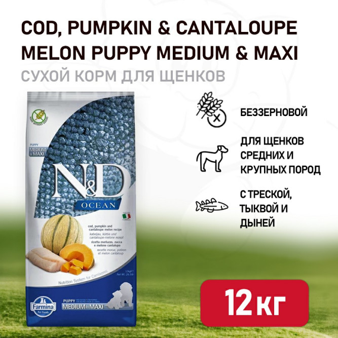 Farmina N&amp;D Ocean Dog Codfish, Pumpkin &amp; Cantaloupe Melon Puppy Medium &amp; Maxi сухой беззерновой корм для щенков средних и крупных пород с треской, тыквой и дыней - 12 кг