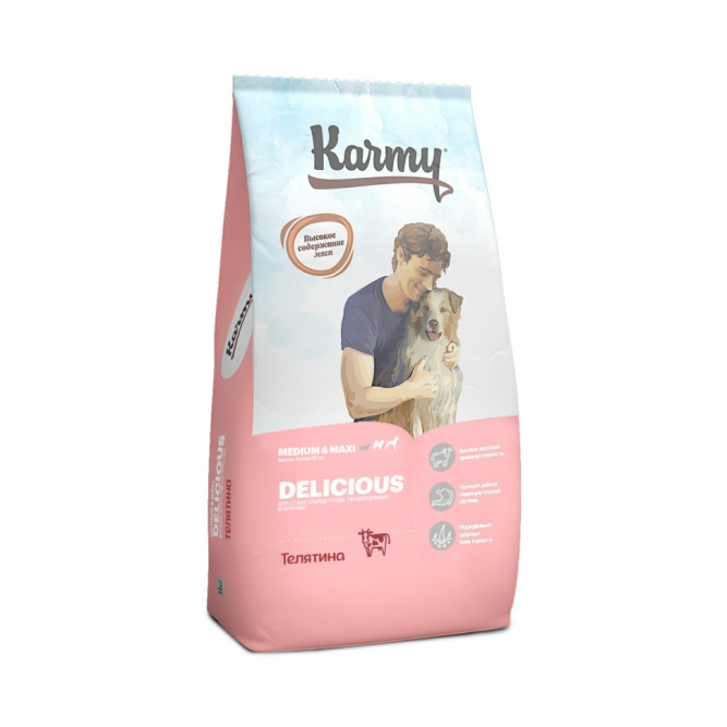 Karmy Delicious Medium &amp; Maxi полнорационный сухой корм для привередливых взрослых собак средних и крупных пород, с телятиной - 14 кг