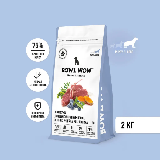 BOWL WOW сухой полнорационный корм для щенков крупных пород с индейкой, ягненком, рисом и добавлением черники - 2 кг