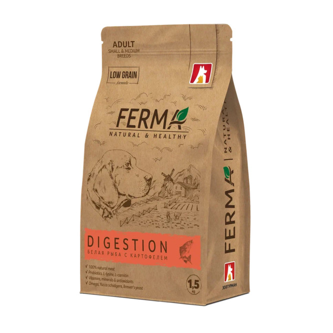 Зоогурман Ferma Digestion сухой корм для взрослых собак мелких и средних пород, с белой рыбой и картофелем - 1,5 кг