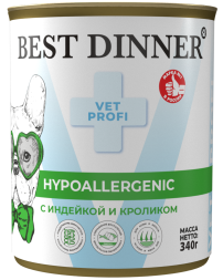 Best Dinner Exclusive Hypoallergenic консервы для собак при проблемах пищеварения c индейкой и кроликом - 340 г х 6 шт