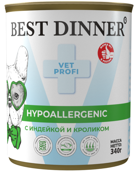 Best Dinner Exclusive Hypoallergenic консервы для собак при проблемах пищеварения c индейкой и кроликом - 340 г х 6 шт