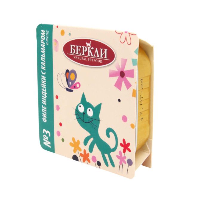Беркли № 3 влажный корм для кошек всех возрастов, филе индейки с кальмаром, в желе - 100 г х 14 шт