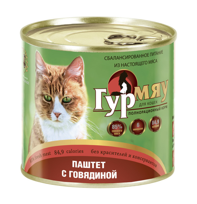 Гурмяу влажный корм для взрослых кошек паштет с говядиной, в консервах - 240 г х 24 шт