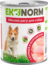 EKONORM влажный корм для взрослых собак, мясное рагу с курицей и потрошками, в консервах - 340 г х 12 шт