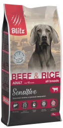 Blitz Adult Beef&Rice Sensitive сухой корм для взрослых собак всех пород с чувствительным пищеварением с говядиной и рисом - 15 кг