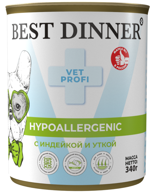 Best Dinner Exclusive Hypoallergenic консервы для собак при проблемах пищеварения с индейкой и уткой - 340 г х 6 шт
