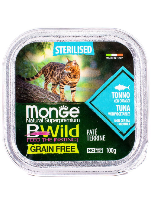 Monge Cat BWild Grain Free влажный беззерновой корм для стерилизованных кошек с тунцом и овощами в ламистерах 100 г (32 шт в уп)