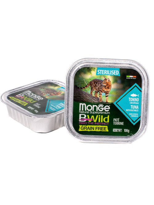 Monge Cat BWild Grain Free влажный беззерновой корм для стерилизованных кошек с тунцом и овощами в ламистерах 100 г (32 шт в уп)