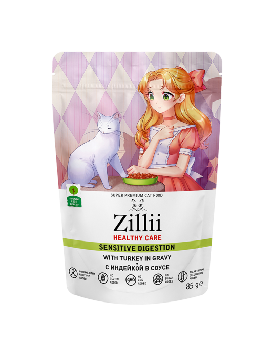 Zillii Healthy Care Sensitive Digestion влажный корм для взрослых кошек с чувствительным пищеварением, с индейкой в соусе, в паучах - 85 г х 24 шт