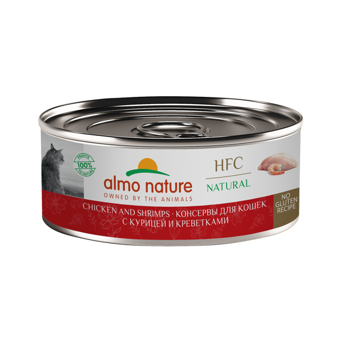 Almo Nature HFC Natural Chicken and Shrimps влажный корм для взрослых кошек и котят с 3-х месяцев, с курицей и креветками, в консервах - 100 г х 12 шт